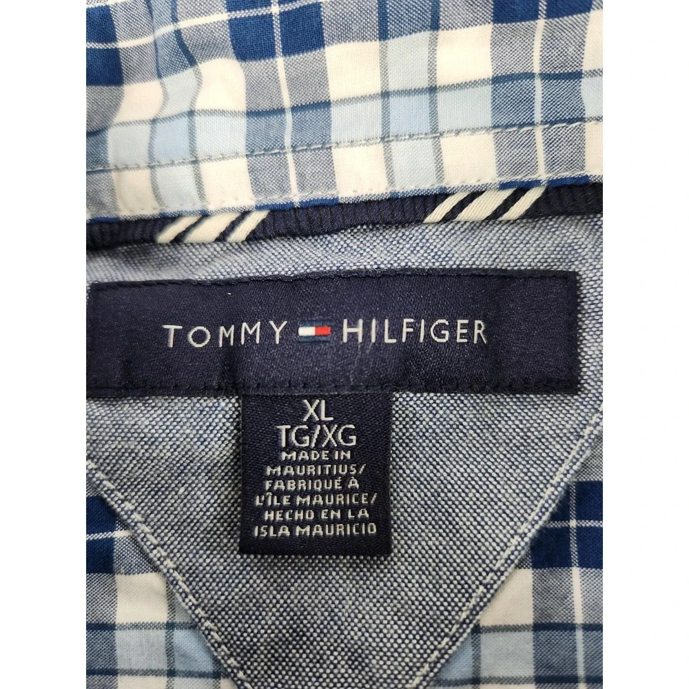 Tommy Hilfiger Short Sleeve Button Down Shirt Plaid Striped Blue Eyes Pop Men XL